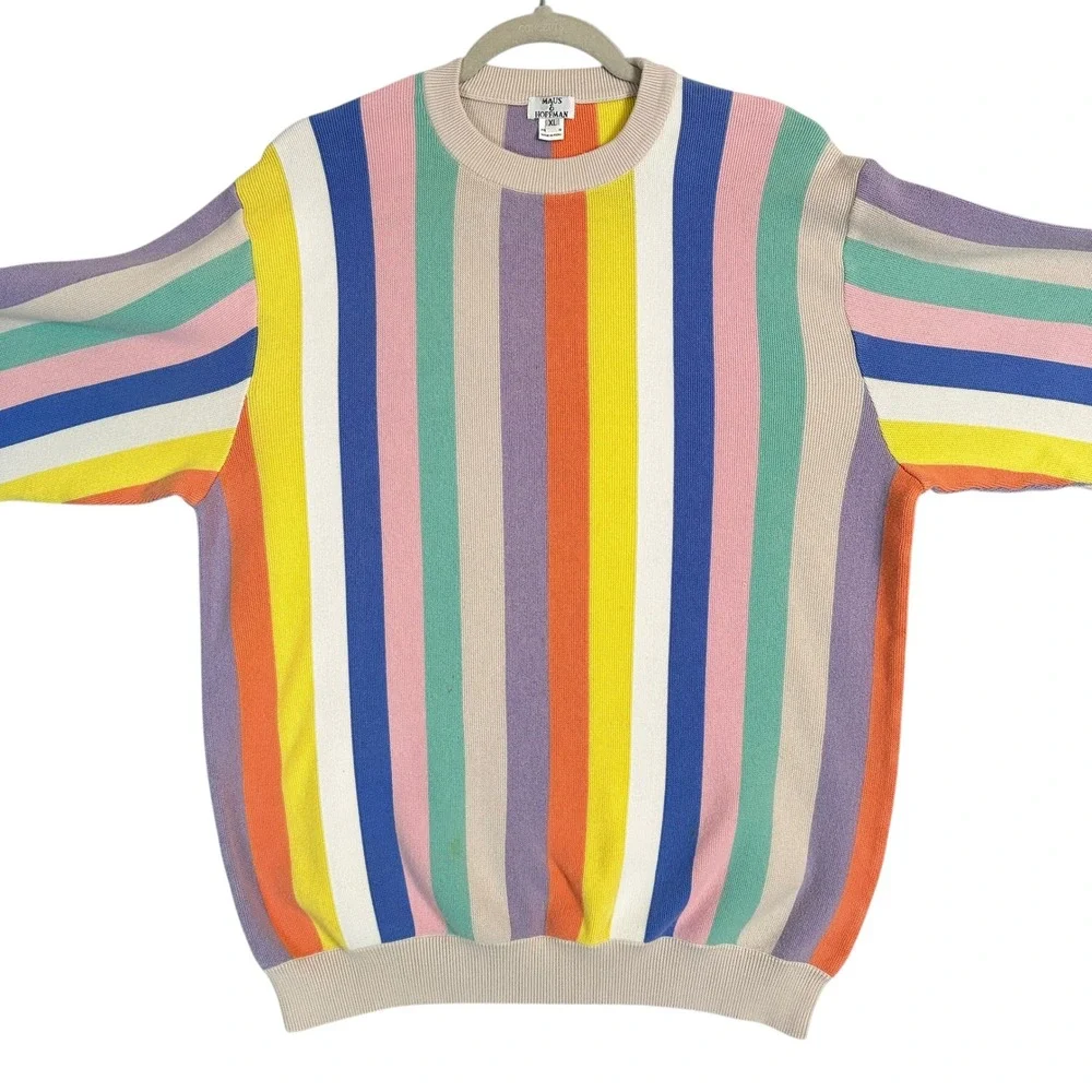 Maus & Hoffman Sweater XL Pima Cotton Vertical Rainbow Stripe Crewneck Multi VTG